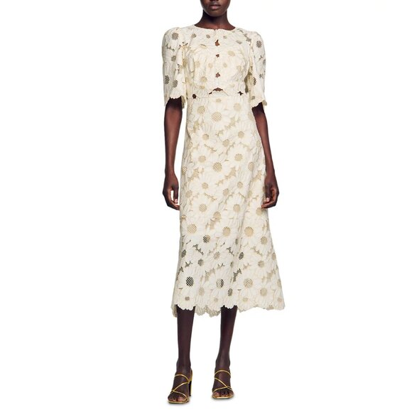 SANDRO Daniela Embroidered Midi Dress Size 6 NWT